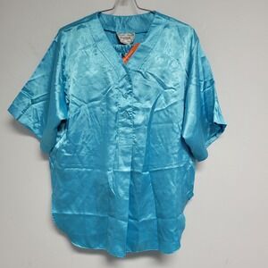 Esleep New York Dream Studio Sleep Wear Blue Satin Vintage Button Shirt Shorts
